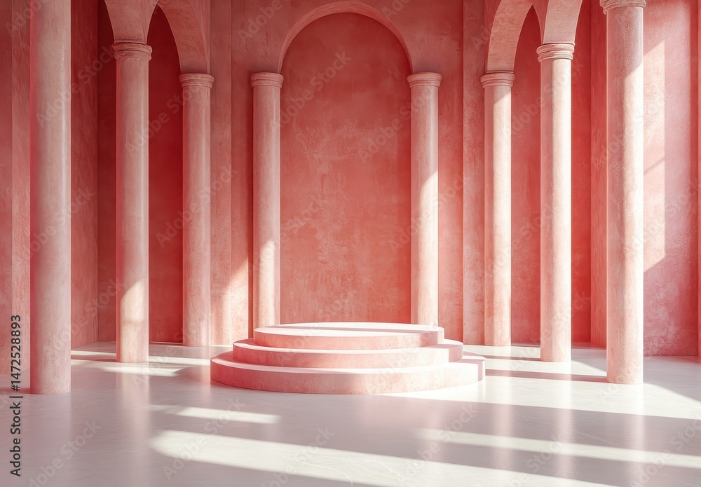 Fototapeta premium Pink Architectural Interior with Classical Columns and Stepped Platform
