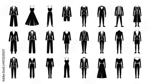 A set of black and white silhouettes representing various formalwear options for women and men