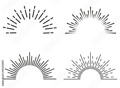 Vintage sunburst collection. Bursting sun rays. Fireworks. Logotype or lettering design element. Radial sunset beams. Vector illustration