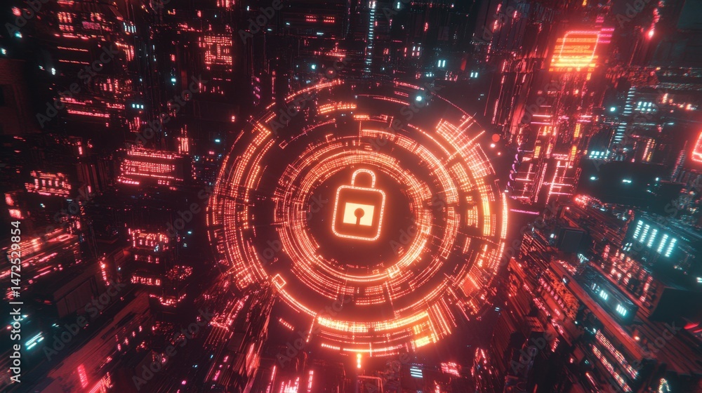 Obraz premium Cybersecurity action in digital cityscape virtual environment graphic visualization futuristic concept