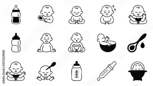 A collection of black and white line art icons depicting various baby care scenarios, including feeding (bottle, spoon, bowl), hygiene (bathing), and emotional states (happy, sad, tired)