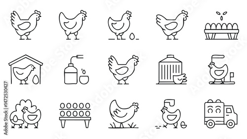 This set of 12 simple line art icons depicts various aspects of a chicken farm