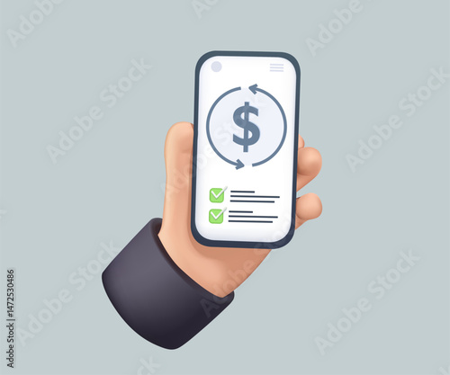 Hand holding a smartphone with banking app, transaction or cashback. Vector illustration of a digital transaction interface with a dollar symbol. Online shopping and modern finance. Personal account