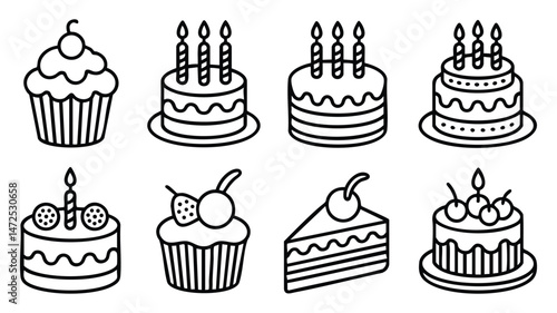 A set of nine simple line art illustrations depicting various birthday cakes and cupcakes