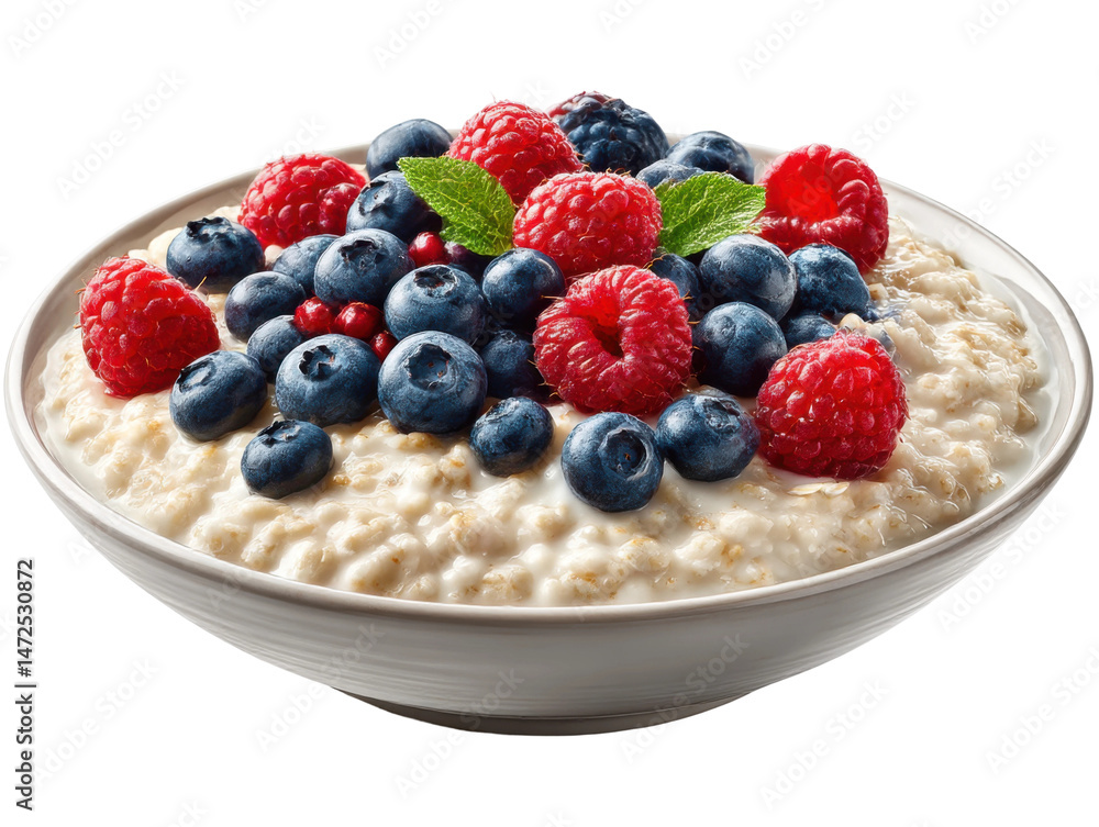 Close-up healthy breakfast bowl with fresh berries and bright colors. Isolated on transparent background, png.