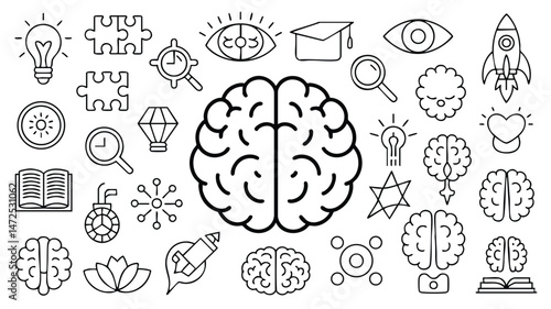 This clean line art image showcases various icons representing key concepts related to innovation, education, and mental processes