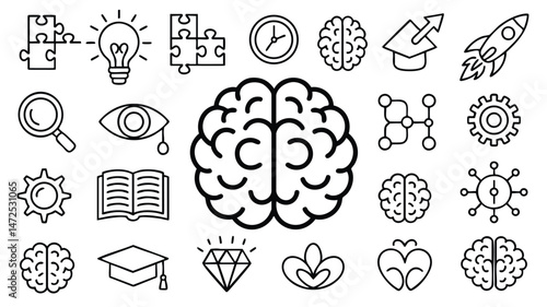 This image showcases a set of simple, black line icons related to innovation, learning, and knowledge