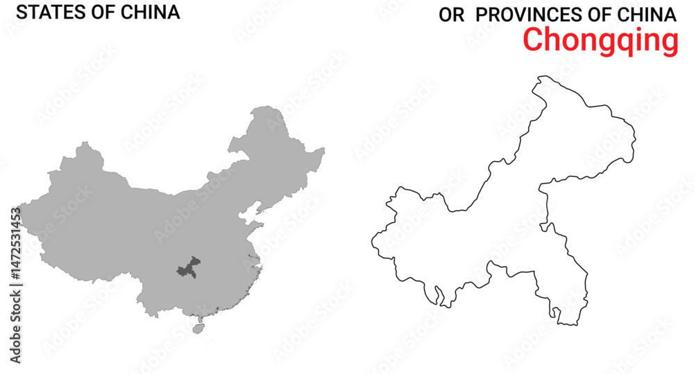 Fototapeta premium High detailed map of Chongqing vector illustration. Outline Chongqing province map on white background. China.