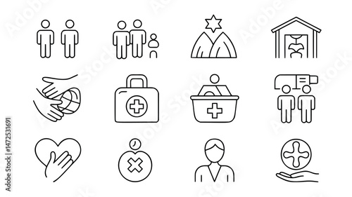 This image showcases a set of black and white line icons depicting various healthcare, community support, and social interaction themes