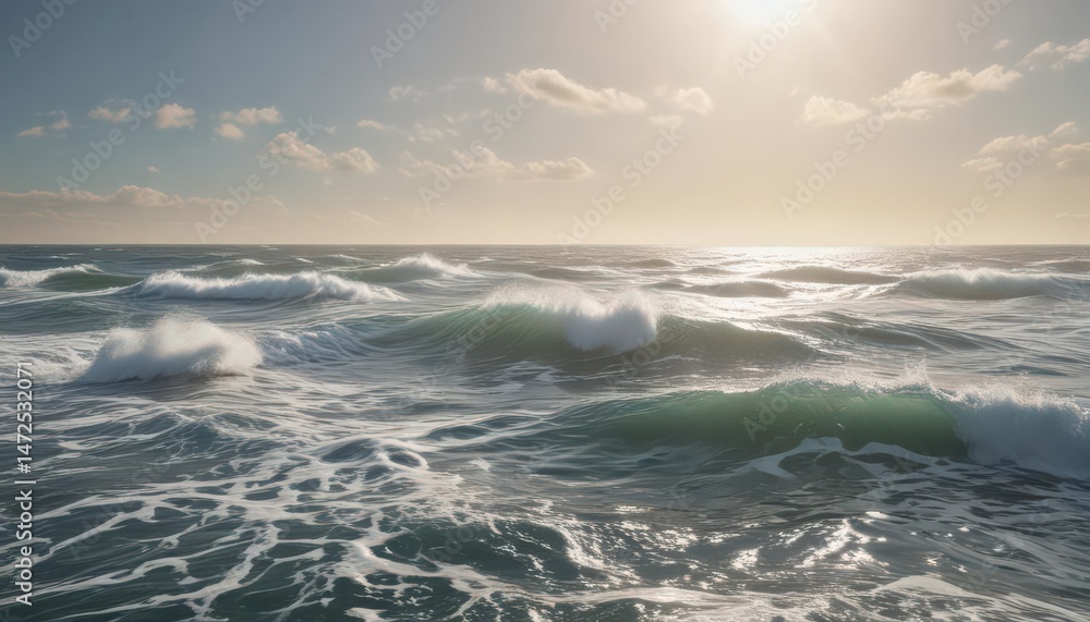 Fototapeta premium Sunlit ocean surface with dynamic whitecaps and rolling waves , foam, surf, day