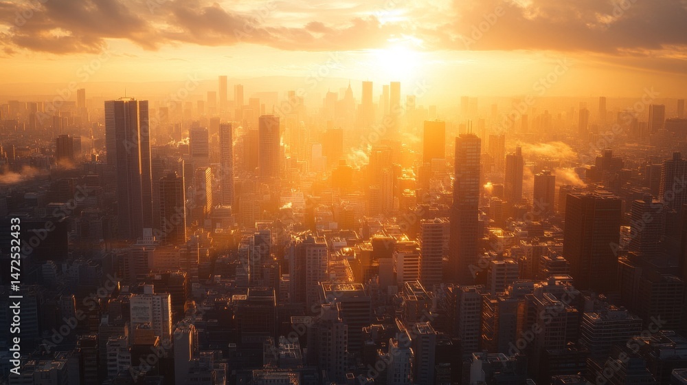 Fototapeta premium Golden hour cityscape sunrise urban skyline aerial view atmospheric inspirational