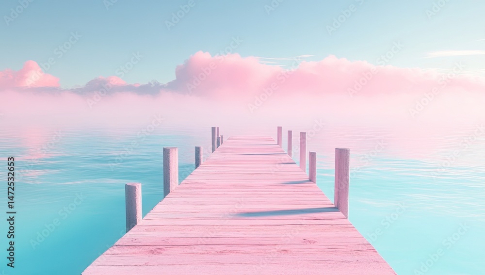 Obraz premium Pastel-hued wooden pier stretching to a sky of soft pink clouds over a tranquil teal sea