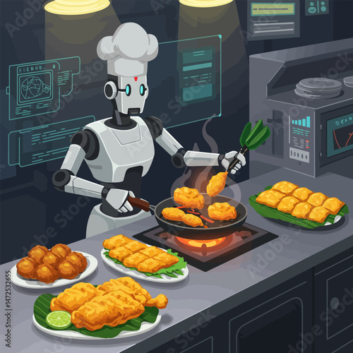 Robot Chef Cooking Delicious Food on Stove in Modern Kitchen