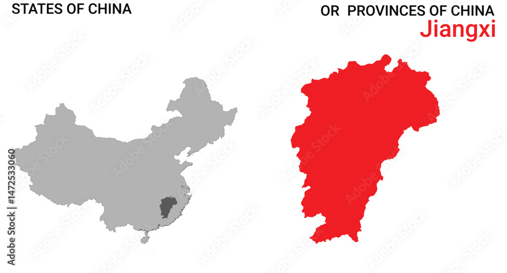 High detailed map of Jiangxi vector illustration. Outline Jiangxi province map on white background. China. High detailed map of Jiangxi vector illustration. Outline Jiangxi province map on white background. China.