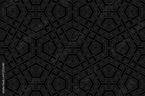 Ethnic black background, cover design, presentation banner. Geometric original 3D pattern, art deco. Embossed tribal ornaments, arabesques, mandala of the East, Asia, India, Mexico, Aztec, Peru.