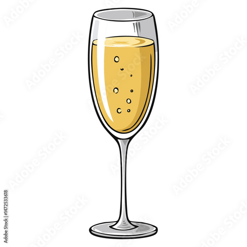 Glass of champagne color vector illustration in sketch style. Doodle image of sparkling wine. Festive drink prosecco for menu and design.