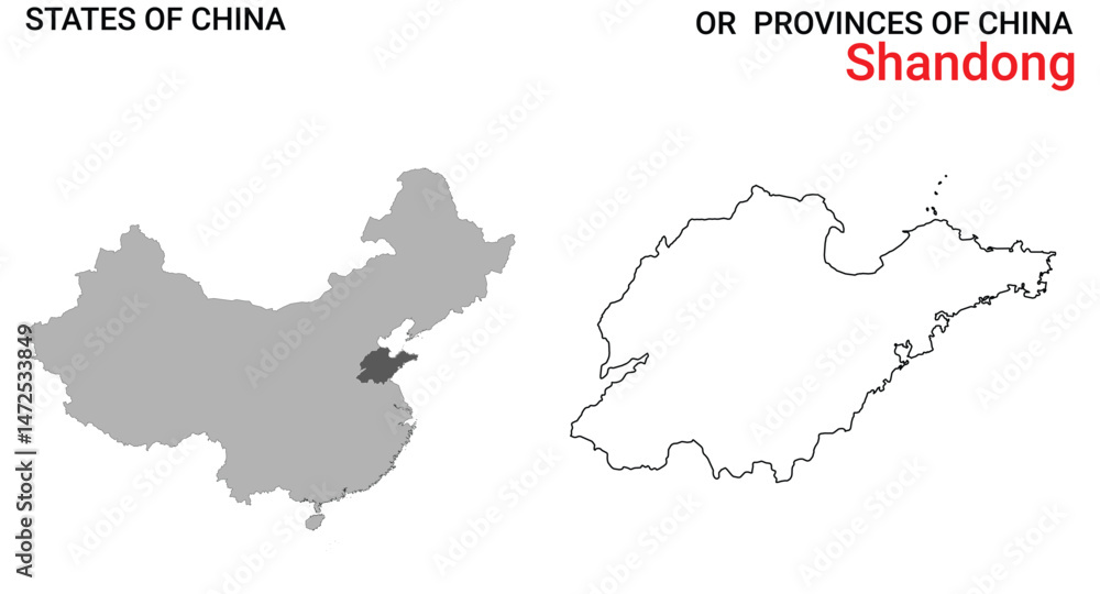 Naklejka premium High detailed map of Shandong vector illustration. Outline Shandong province map on white background. China.