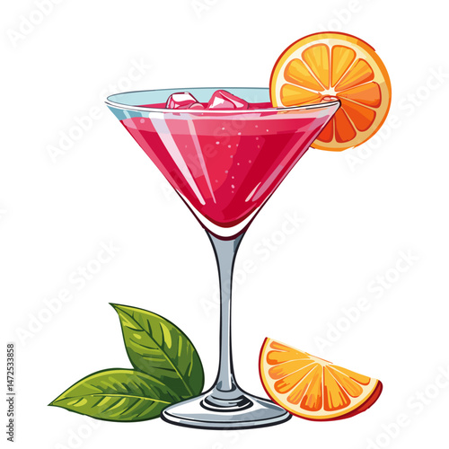 Cocktail in a cosmopolitan glass vector illustration. Summer alcoholic drink on isolated background for bar and menu	