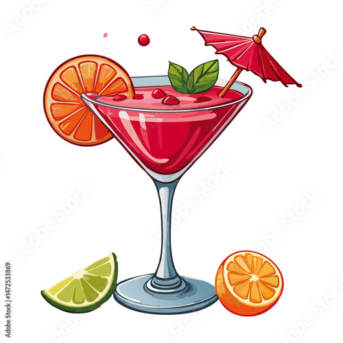 Cocktail in a cosmopolitan glass vector illustration. Summer alcoholic drink on isolated background for bar and menu	