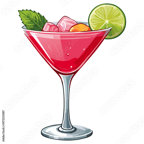 Cocktail in a cosmopolitan glass vector illustration. Summer alcoholic drink on isolated background for bar and menu	