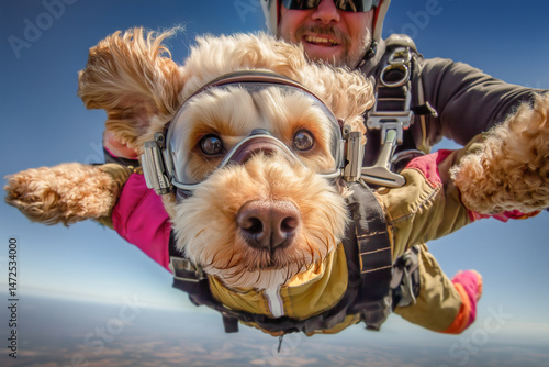 Generative AI image of a cockapoo doing a tandem skydive