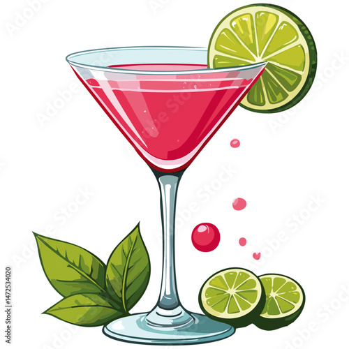 Cocktail in a cosmopolitan glass vector illustration. Summer alcoholic drink on isolated background for bar and menu	