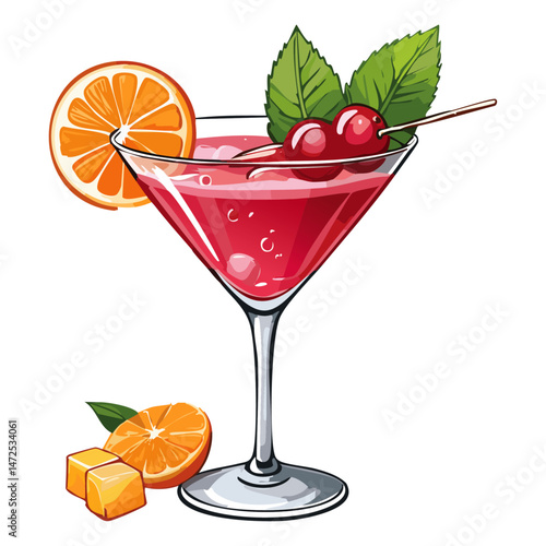 Cocktail in a cosmopolitan glass vector illustration. Summer alcoholic drink on isolated background for bar and menu	