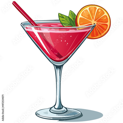 Cocktail in a cosmopolitan glass vector illustration. Summer alcoholic drink on isolated background for bar and menu	