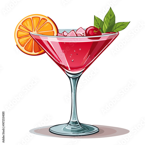 Cocktail in a cosmopolitan glass vector illustration. Summer alcoholic drink on isolated background for bar and menu	