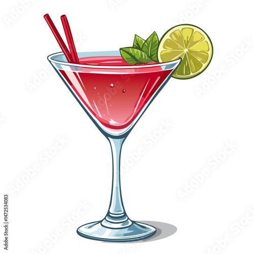 Cocktail in a cosmopolitan glass vector illustration. Summer alcoholic drink on isolated background for bar and menu	