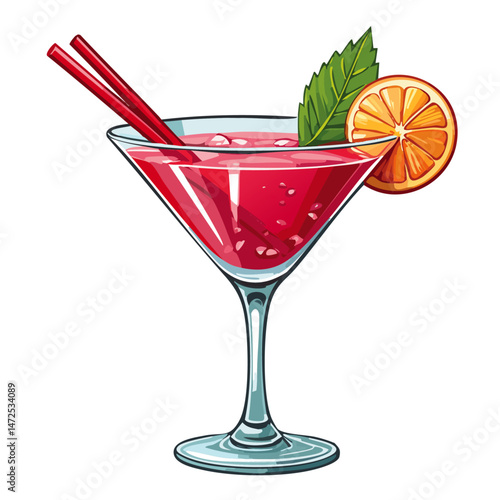 Cocktail in a cosmopolitan glass vector illustration. Summer alcoholic drink on isolated background for bar and menu	