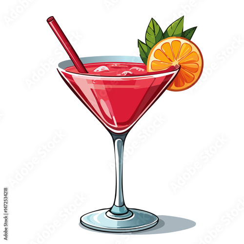 Cocktail in a cosmopolitan glass vector illustration. Summer alcoholic drink on isolated background for bar and menu	