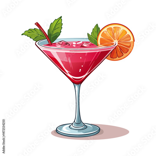 Cocktail in a cosmopolitan glass vector illustration. Summer alcoholic drink on isolated background for bar and menu	