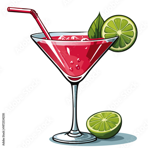 Cocktail in a cosmopolitan glass vector illustration. Summer alcoholic drink on isolated background for bar and menu	