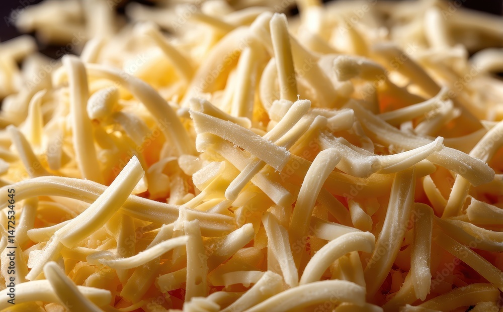Close-Up View of Shredded Cheese Stacked in a Pile, Perfect for Cooking, Toppings, Gourmet Dishes, and Culinary Presentation