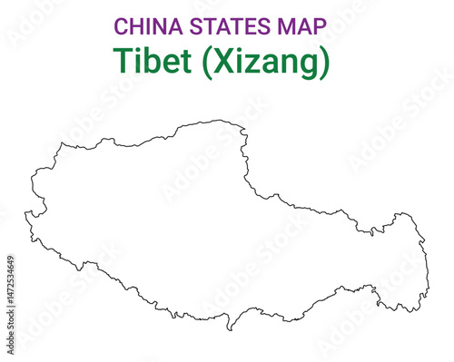 High detailed map of Tibet vector illustration. Outline Tibet province map on white background. China.