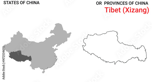 High detailed map of Tibet vector illustration. Outline Tibet province map on white background. China.