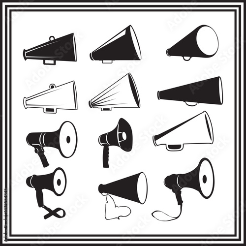 Megaphone Silhouette and Outline Set – Bullhorn Vector Icons for Announcements, Marketing, and Protest Designs