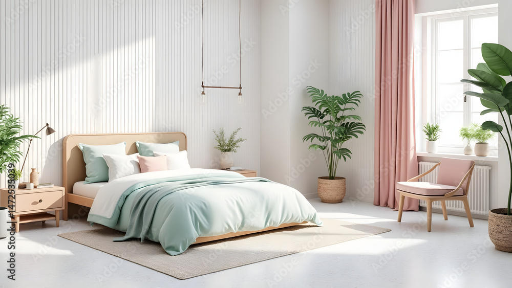 Fototapeta premium Modern bedroom with pastel bedding and natural wood furniture, bright sunlight and green plants create calm and cozy atmosphere
