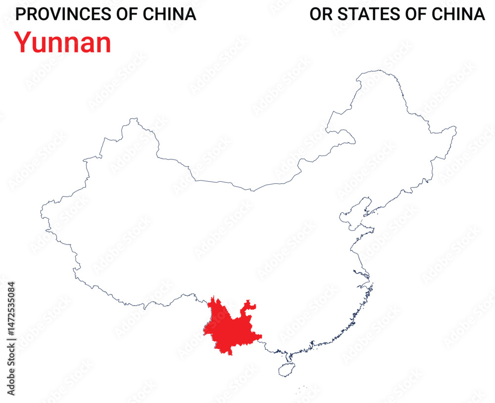 Naklejka premium High detailed map of Yunnan vector illustration. Outline Yunnan province map on white background. China.