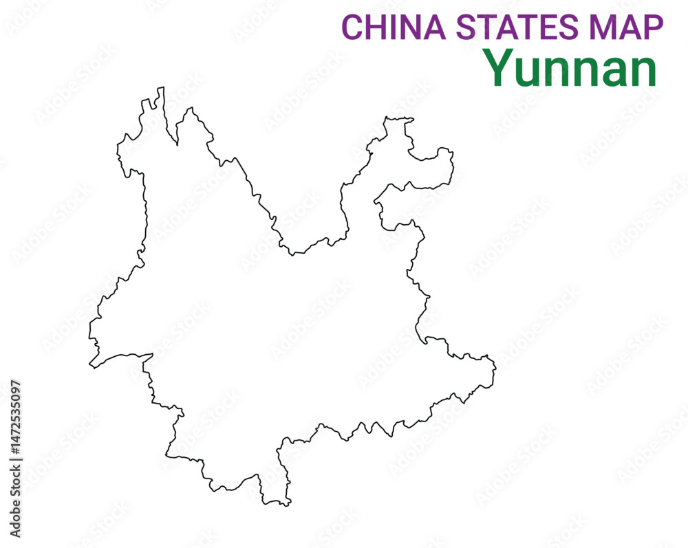 Fototapeta premium High detailed map of Yunnan vector illustration. Outline Yunnan province map on white background. China.