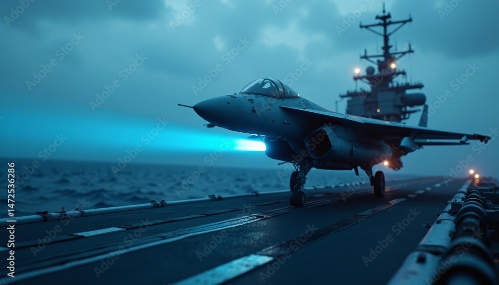 Jet on Aircraft Carrier at Night Jet on Aircraft Carrier at Night