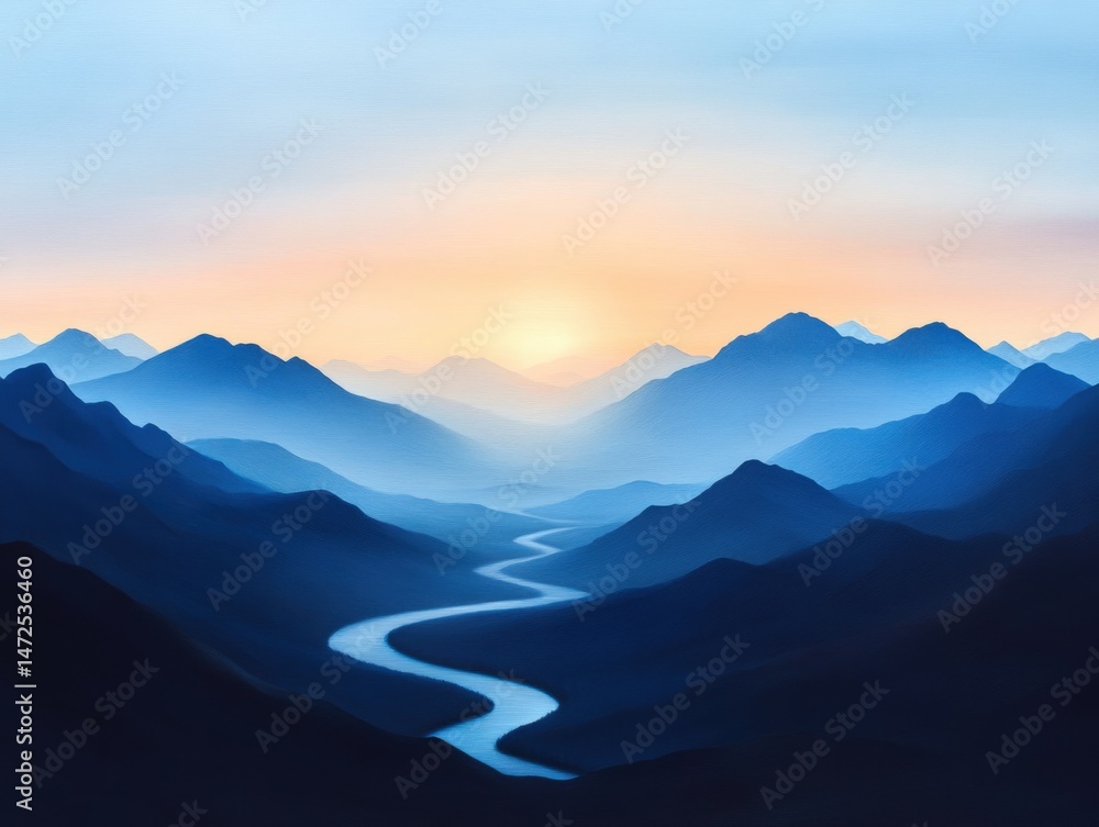 Fototapeta premium Blue mountain range with river flowing