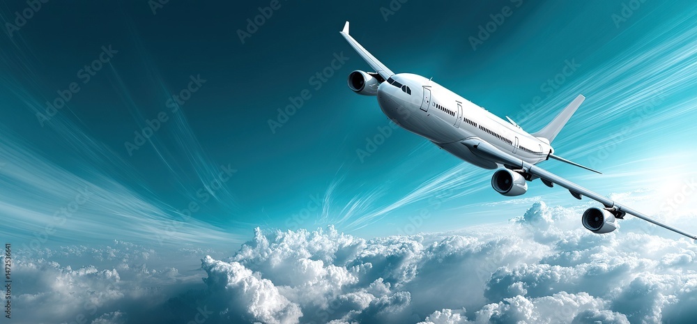 Obraz premium A commercial airliner soars over a thick layer of white clouds against a bright blue sky.