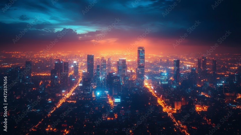 Cityscape glows warmly under a dark sky, filled with many skyscrapers and twinkling lights Cityscape glows warmly under a dark sky, filled with many skyscrapers and twinkling lights