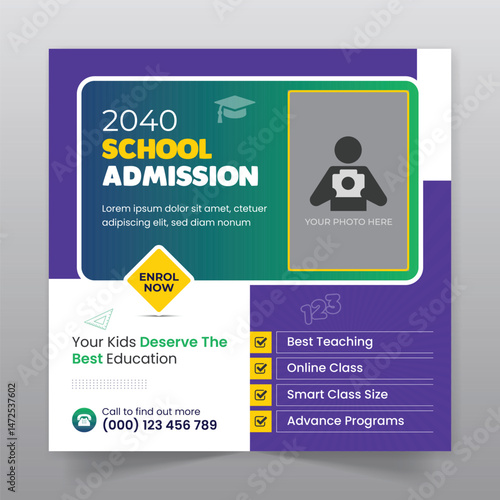 School admission social media post and back to school promotion web banner template