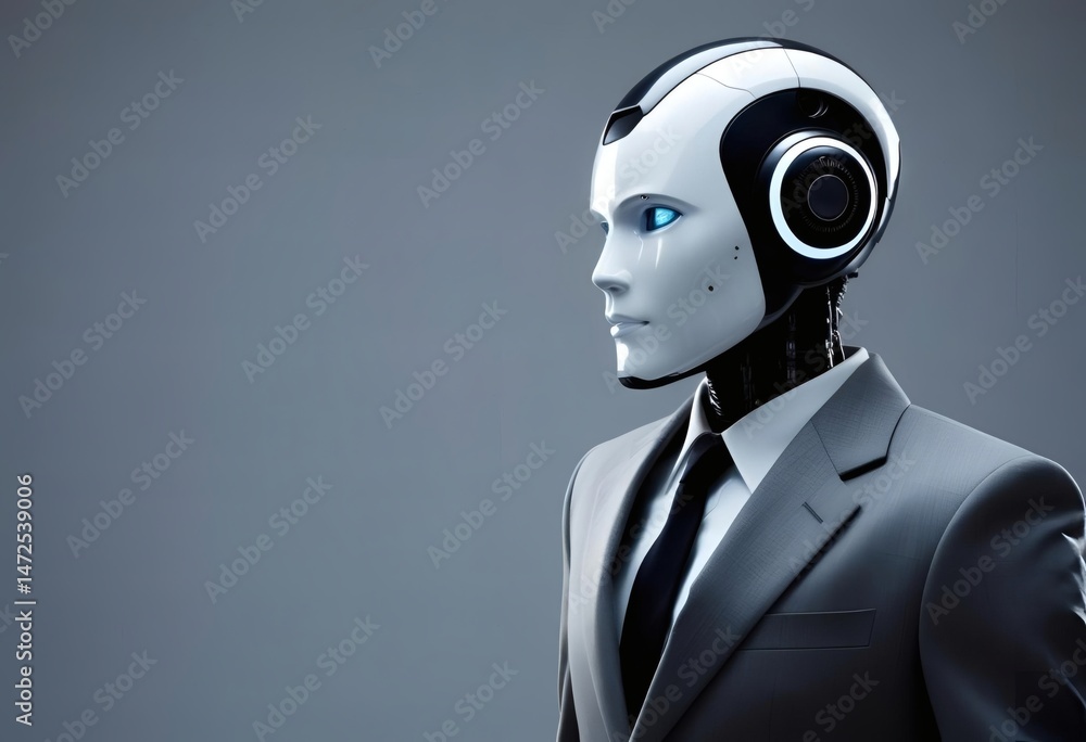 Futuristic Robot Head Silhouette with Glowing Eyes on Light Gray Background for Modern AI and Technology Concepts Futuristic Robot Head Silhouette with Glowing Eyes on Light Gray Background for Modern AI and Technology Concepts