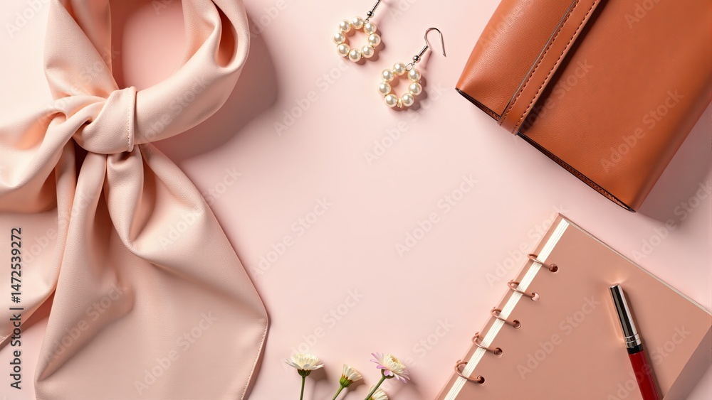 Feminine Accessories Flat Lay On Pink Feminine Accessories Flat Lay On Pink