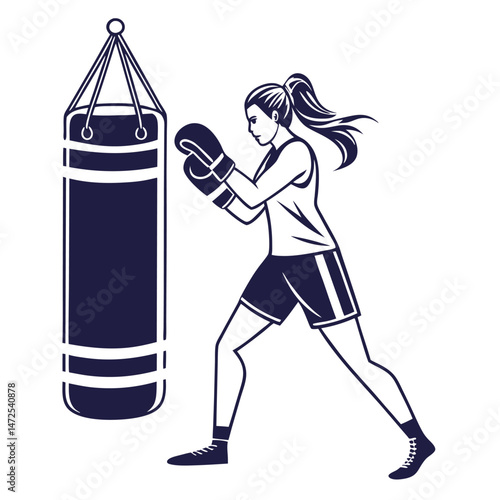 Athletic woman boxer training with punching bag in minimalist vector illustration style.