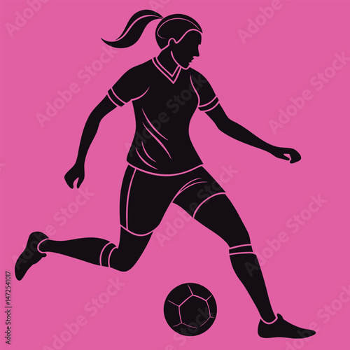 Silhouette of a woman soccer player kicking a ball on pink background